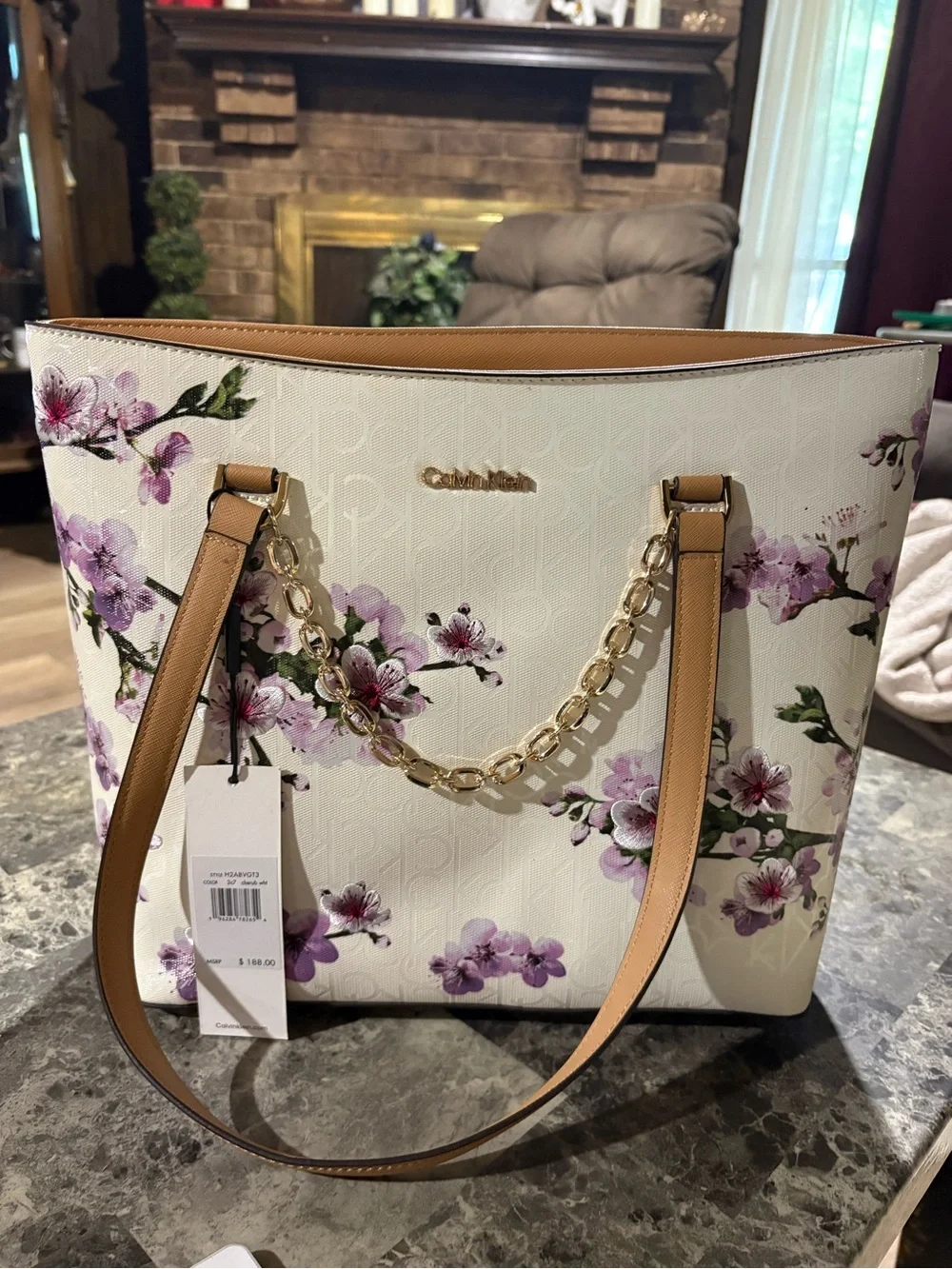 Calvin Klein Cream Tote with Purple Floral Print and Gold Chain
